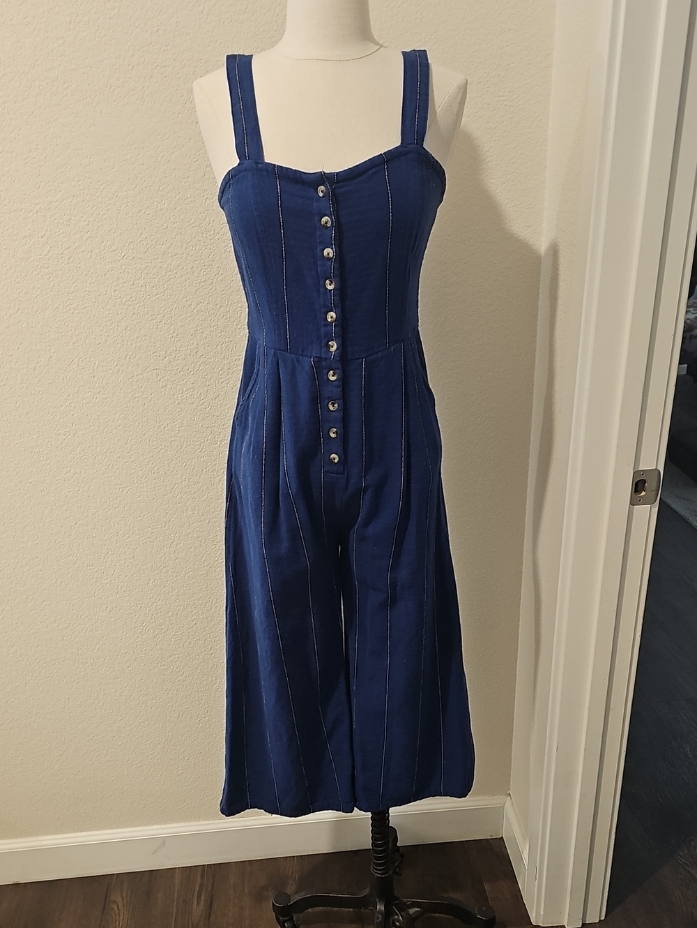 Billabong Navy Button-Front Denim Jumpsuit
